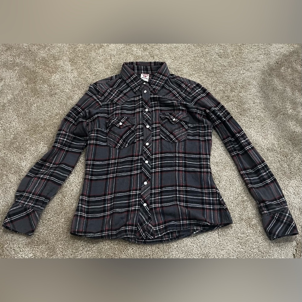 Grey Plaid True Religion slim fit pearl snaps